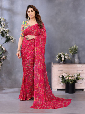 Vichitra Geometric Print Bollywood Georgette Saree(Pink)