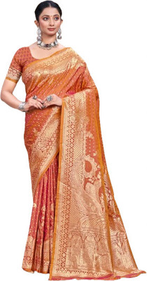 BUNAWAT Woven Daily Wear Silk Blend Saree(Orange)
