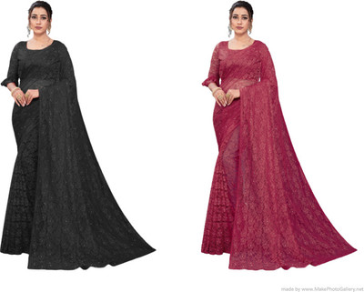 Nilkanthvarni Creation Self Design Bollywood Net Saree(Pack of 2, Black, Maroon)