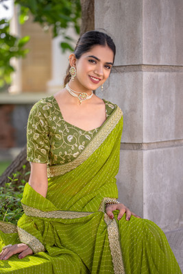 Disha Fashion Embroidered Banarasi Georgette Saree(Light Green)