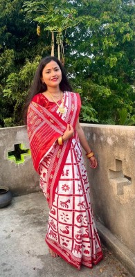 ETHNIC ODISHA HANDLOOM Printed, Digital Print Sambalpuri Pure Cotton Saree(White, Pink)