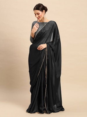 Divastri Solid/Plain Bollywood Silk Blend Saree(Black)