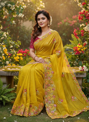 Sariya Embroidered, Embellished Bollywood Organza, Silk Blend Saree(Yellow)