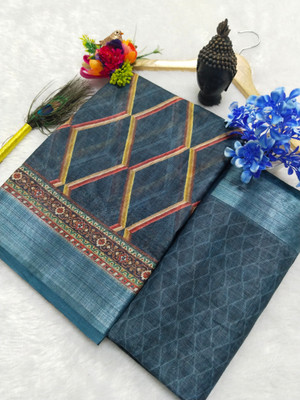 HouseOfCommon Printed Kanjivaram Linen, Cotton Linen Saree(Dark Blue)