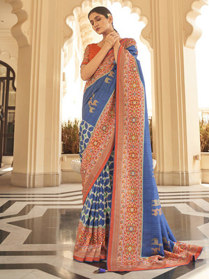 ANOUK Printed Daily Wear Tussar Silk Saree(Dark Blue)