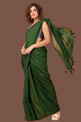Sudi Creation Solid/Plain Handloom Handloom Cotton Blend Saree(Green)