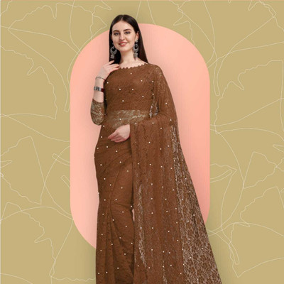 NORAFLEX Self Design Bollywood Net Saree(Brown)