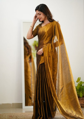 Joyguru Textile Self Design Handloom Tissue Saree(Gold)