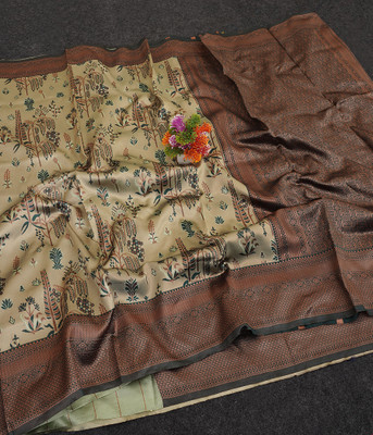 CP TEXTILE Printed Banarasi Jacquard Saree(Dark Green)
