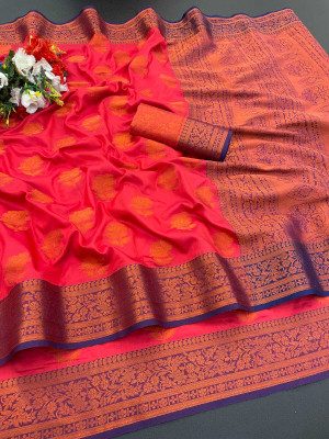 JbWorld Woven, Embroidered, Floral Print Banarasi Cotton Silk, Pure Silk Saree(Pink, Purple)