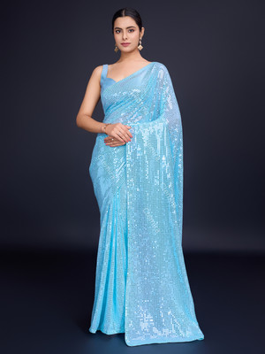 Divastri Embellished Bollywood Georgette Saree(Light Blue)
