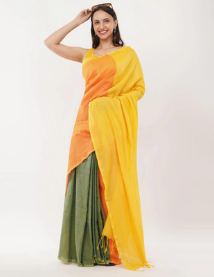 UR Affection Self Design Handloom Cotton Blend Saree(Yellow)