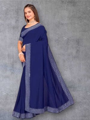 Nari fashion Solid/Plain Bollywood Georgette Saree(Blue)