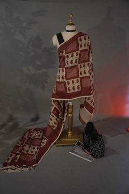 MIKHUBOUTIQUE Printed Daily Wear Cotton Linen Saree(Maroon, Beige)