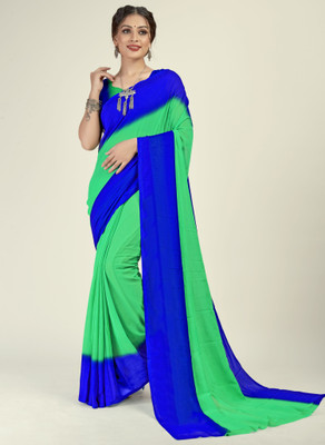 Anand Sarees Solid/Plain Daily Wear Georgette Saree(Dark Green, Blue)