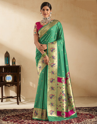 Samah Woven, Embellished, Self Design Paithani Silk Blend Saree(Green, Pink)