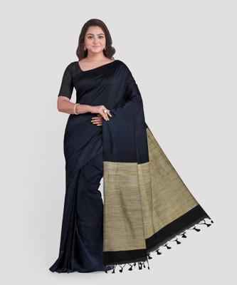 RONI TEXTILES Solid/Plain Handloom Pure Cotton Saree(Black)