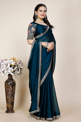 KONICA FAB Self Design, Solid/Plain, Embroidered Bollywood Chiffon Saree(Dark Blue)