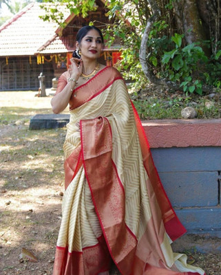 Aldwych Woven Kanjivaram Silk Blend Saree(Pink, Beige)