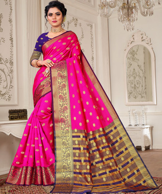 Sellzino Woven Banarasi Pure Silk, Cotton Silk Saree(Pink)