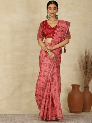 Sareemall Printed Hand Batik Cotton Linen Saree(Maroon)
