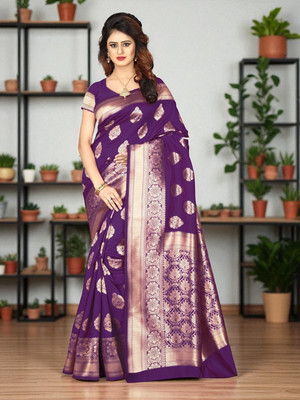 SETUDI Woven, Floral Print Kanjivaram Jacquard Saree(Purple)