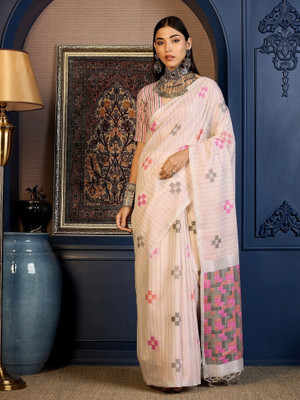 Vichitra Woven, Self Design Handloom Pure Cotton, Jacquard Saree(White)