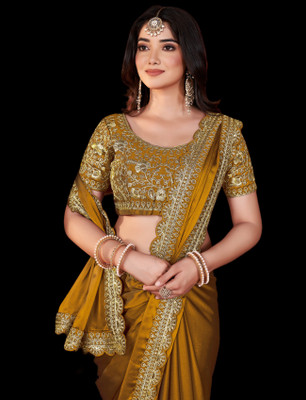 Vivan Fab Embroidered Banarasi Pure Silk, Art Silk Saree(Mustard)