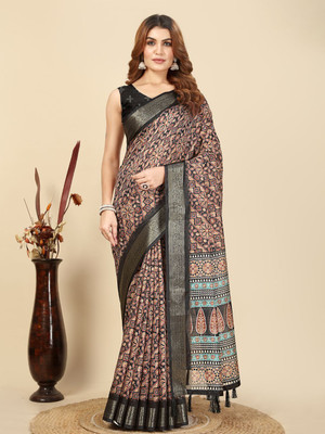 J6 Designers Geometric Print Chanderi Art Silk Saree(Black)