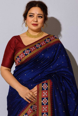 Afronza Temple Border, Self Design, Striped Sambalpuri Silk Blend, Art Silk Saree(Dark Blue)