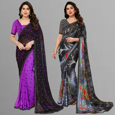 Anand Sarees Printed Bollywood Georgette Saree(Pack of 2, Purple, Black, Grey)