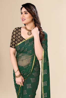 Prutha Fashions Printed Bollywood Chiffon Saree(Dark Green)