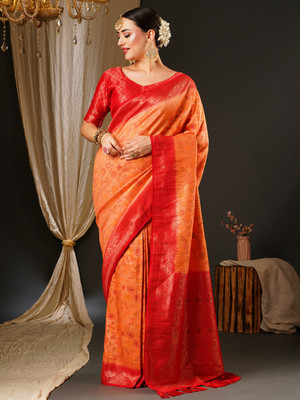Tasrika Woven Kanjivaram Silk Blend Saree(Orange, Pink)
