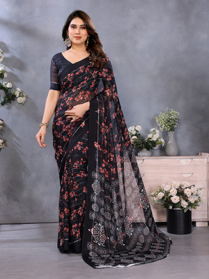 Anand Sarees Printed Ikkat Georgette, Satin Saree(Black)