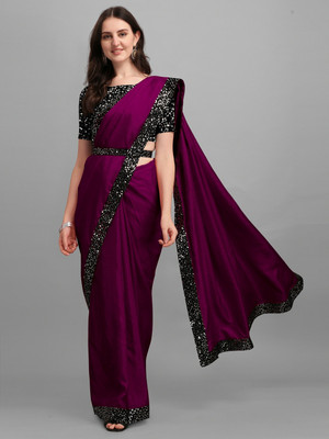Swastik Creation Solid/Plain, Embellished Bollywood Lycra Blend Saree(Purple)