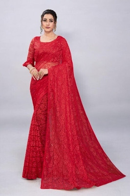 Nexxafashions Self Design Bollywood Net Saree(Red)
