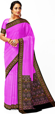 Afronza Solid/Plain, Woven, Applique Handloom Silk Blend, Pure Silk Saree(Pink, Black)
