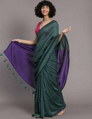 SOUMEN CREATION Solid/Plain Bollywood Handloom Cotton Blend Saree(Light Green)