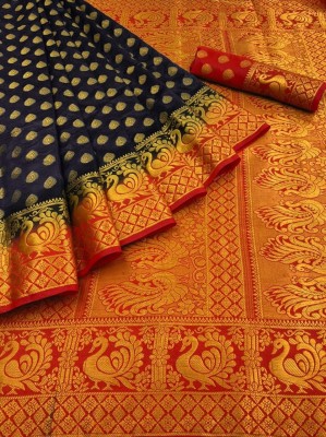 Mionas Woven Banarasi Cotton Silk Saree(Black, Red)