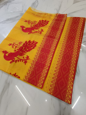 Priyongboda Printed Tant Handloom Cotton Blend Saree(Multicolor, Yellow, Red)