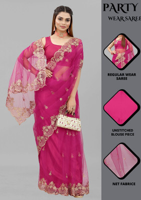 Yashakti Designer Embroidered Bollywood Net Saree(Pink)