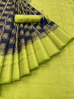 GajGajra Printed Arani Pattu Cotton Silk Saree(Dark Blue, Green)
