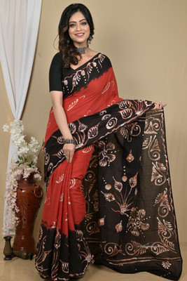 PuJoy Printed, Self Design, Woven Hand Batik Pure Cotton Saree(Brown, Black)