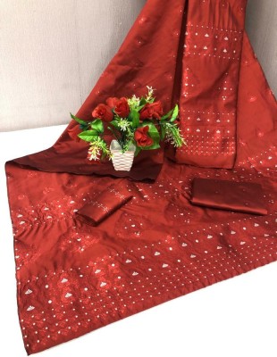 Rizanx Embellished, Self Design, Woven Mekhela Chador Cotton Blend, Cotton Silk Saree(Red)