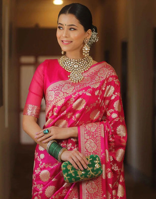 Samah Woven, Embellished Banarasi Silk Blend, Jacquard Saree(Pink)