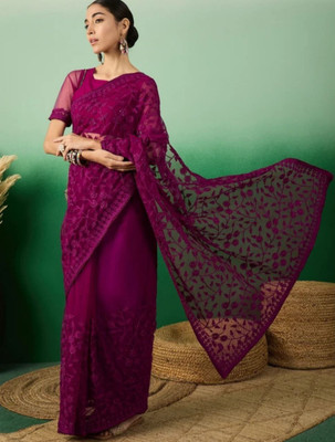 Vijay Fashion Floral Print, Embroidered Bollywood Net Saree(Purple)