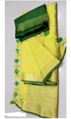 govind handloom Embroidered Bollywood Cotton Linen Saree(Yellow)