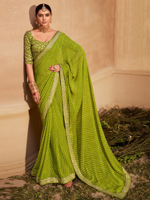 Sareemall Embroidered Leheria Georgette Saree(Green)