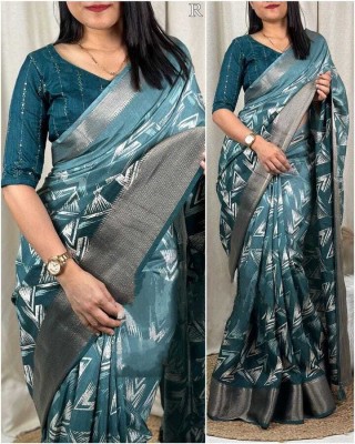 Dhanlaxmi CreationLLP Geometric Print Bollywood Handloom Cotton Silk, Crepe Saree(Light Blue)