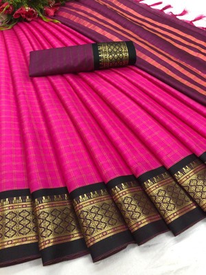 RUHKURSH Woven, Checkered Chettinadu Cotton Silk, Jacquard Saree(Magenta)